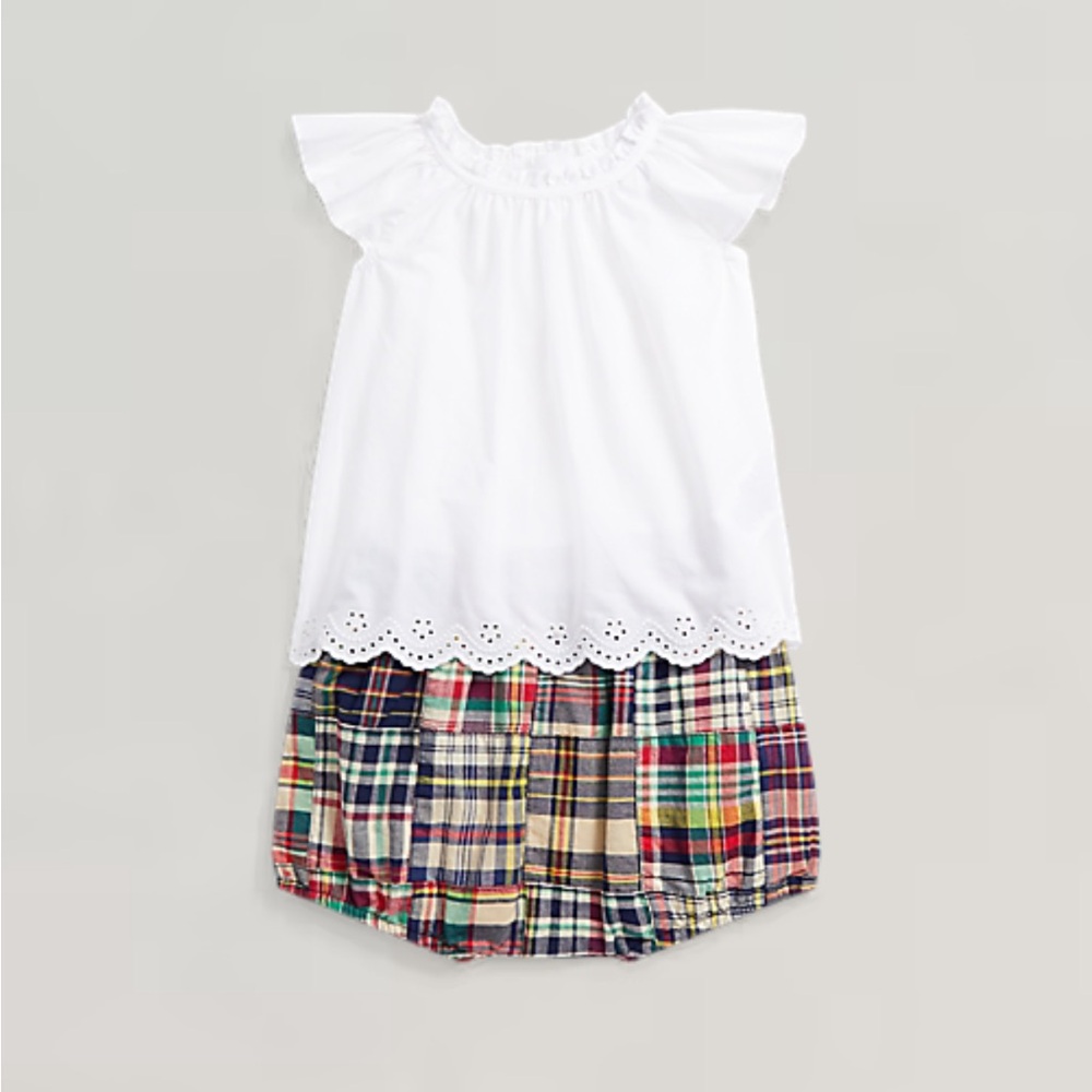 ❤️💙RL💙❤️NWT Baby Girl 12m Eyelet Cotton Top & Madras Bloomer Set. Adorable!